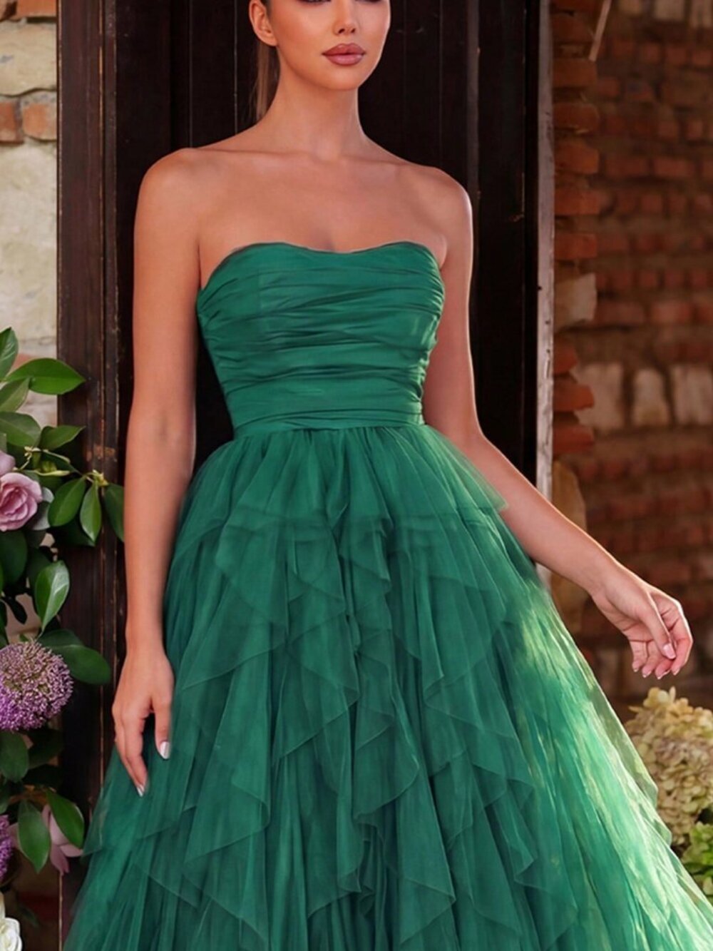 Dark Green Strapless Women's Tulle Dress – Weddings & Galas - Picture 3 of 4